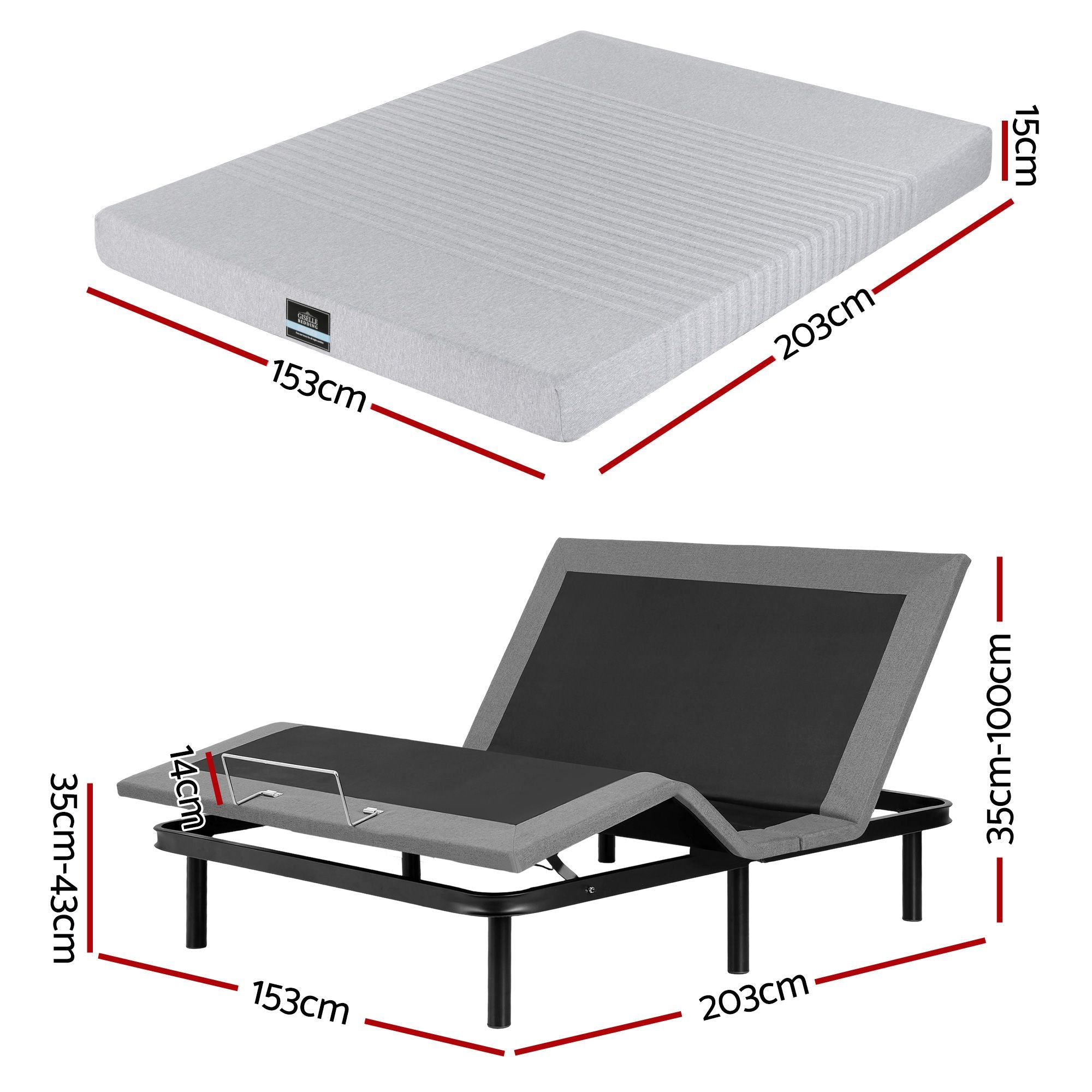 Artiss Queen Bed Frame and Giselle Bedding Queen Memory Foam Mattress Set, Electric Bed Base with Zero Gravity & 7 Zone Cooling Comfort for Back Pain Relief, Black & Grey, 15cm Thickness