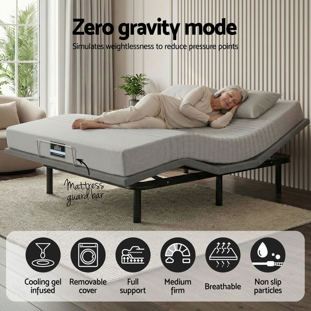 Artiss Queen Bed Frame and Giselle Bedding Queen Memory Foam Mattress Set, Electric Bed Base with Zero Gravity & 7 Zone Cooling Comfort for Back Pain Relief, Black & Grey, 15cm Thickness