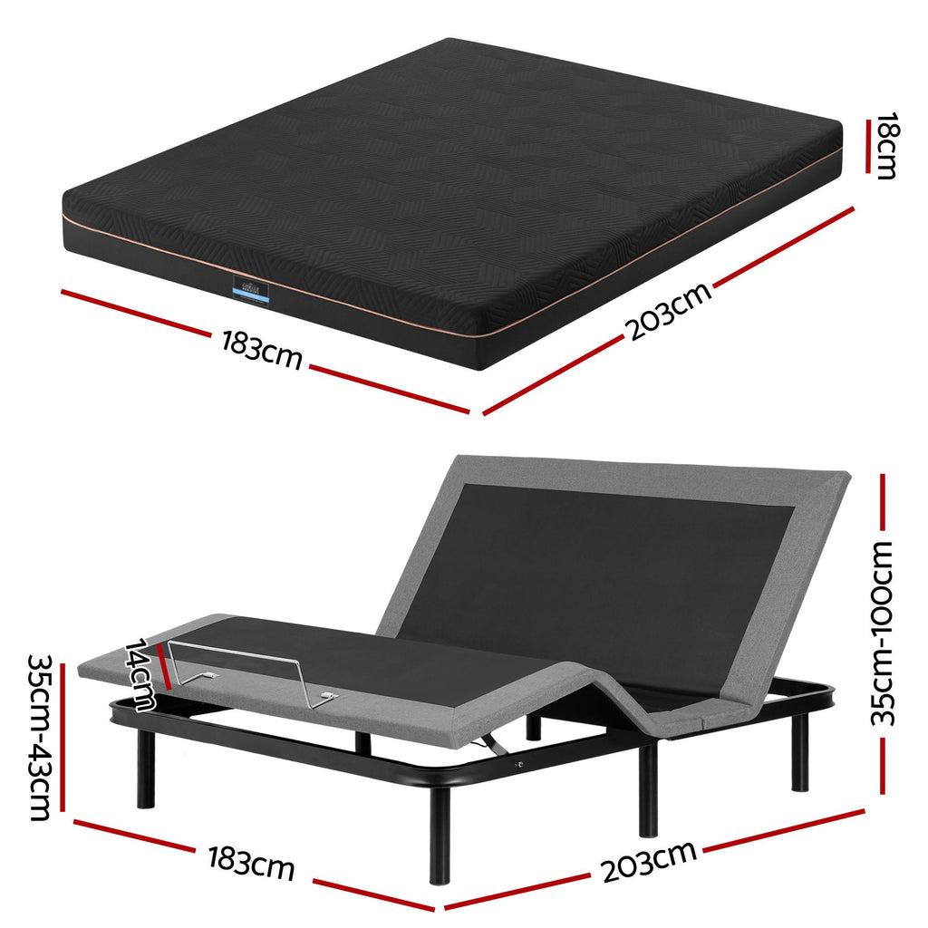 Artiss King size bed frame with Giselle Bedding King Mattress, adjustable bed Base Combo for Snoring Relief, Independent Head Foot Incline, Wireless Remote, Black,18cm Thickness