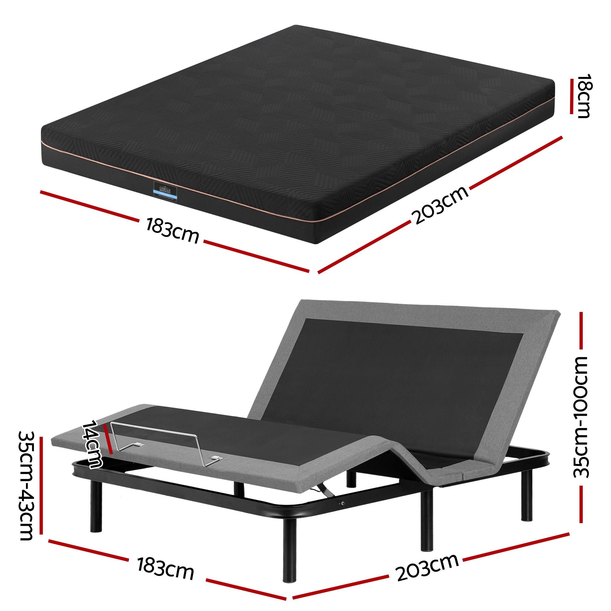 Artiss King size bed frame with Giselle Bedding King Mattress, adjustable bed Base Combo for Snoring Relief, Independent Head Foot Incline, Wireless Remote, Black,18cm Thickness