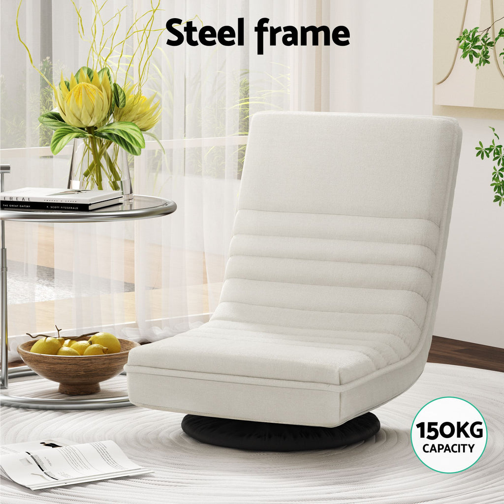 Artiss Floor Lounge & Coffee Table Set, Swviel Foldable Linen Sofa Chair White, C-Shaped Side Table Walnut