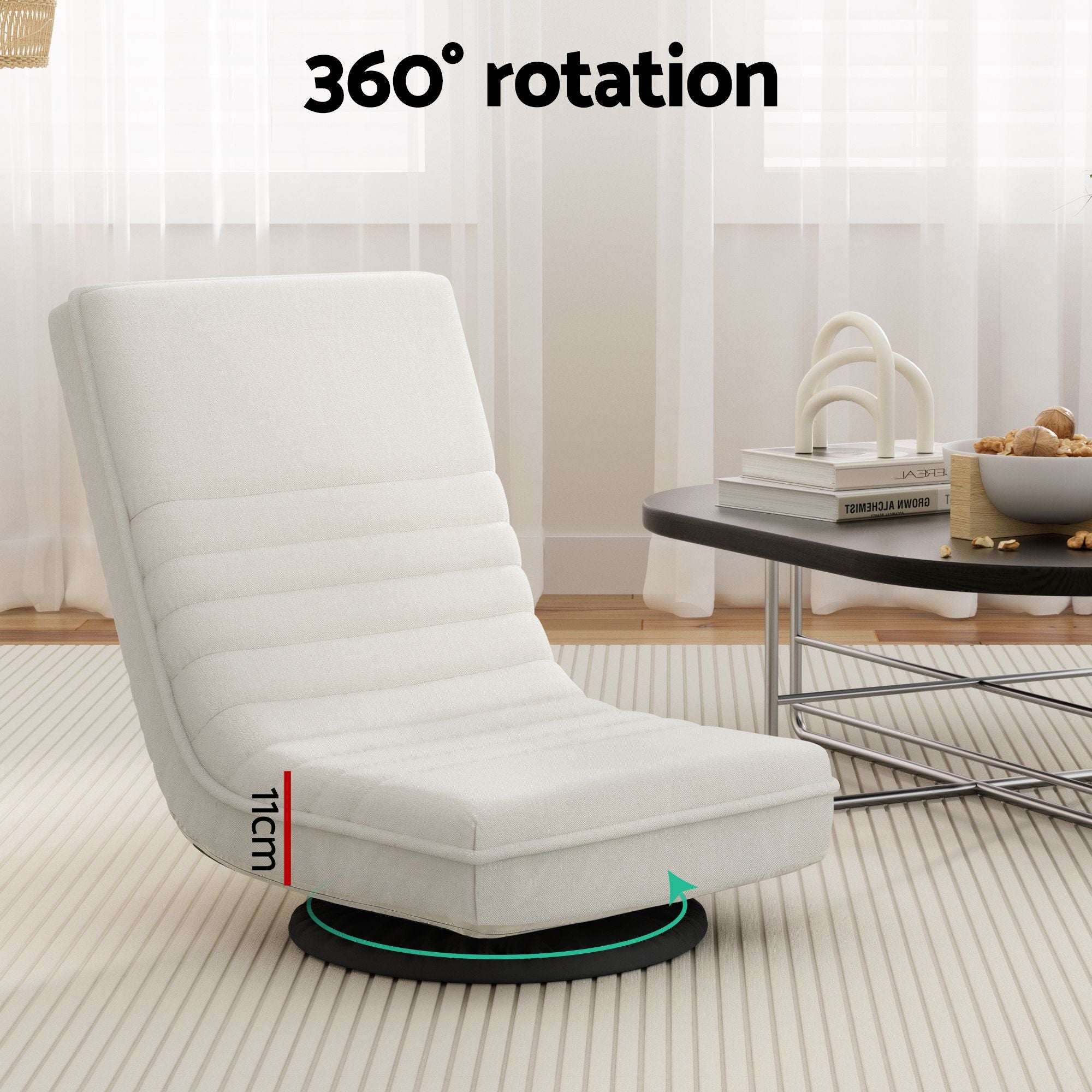 Artiss Floor Lounge & Coffee Table Set, Swviel Foldable Linen Sofa Chair White, C-Shaped Side Table Walnut
