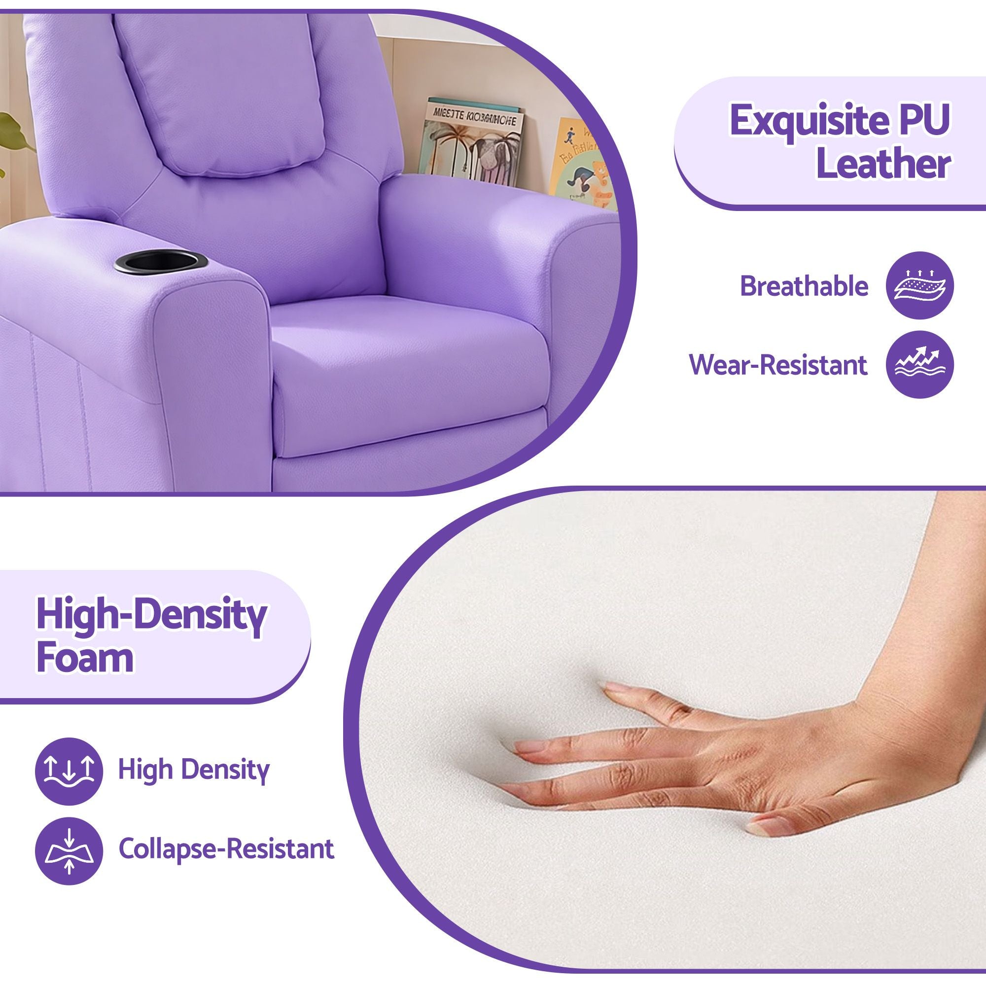 Keezi Kids Recliner Chair PU Leather Sofa Lounge Couch Children Armchair Purple