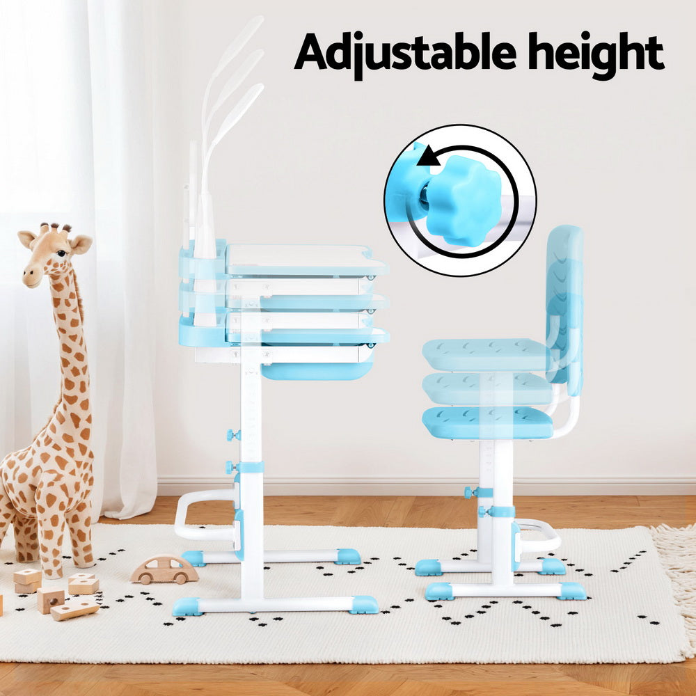 Keezi Kids Table and Chair Set Adjustable Study Desk w/ LED Lamp Reading Blue