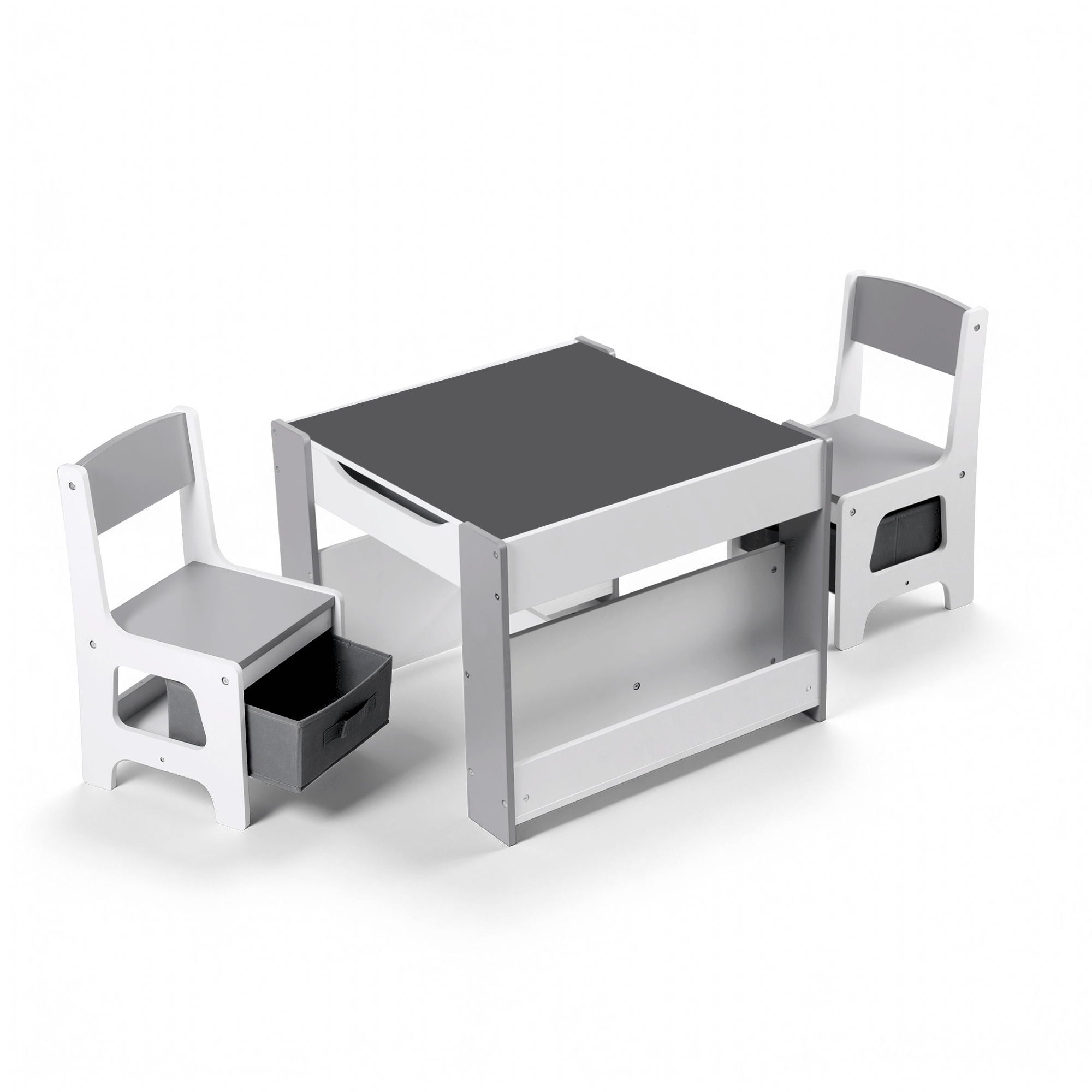Keezi Kids Table and Chair Set, 4 in 1 Wooden Activity Table with Bookcase, Storage Box and Detachable Blackboard, Toddler Table and 2 Chairs Set, Grey