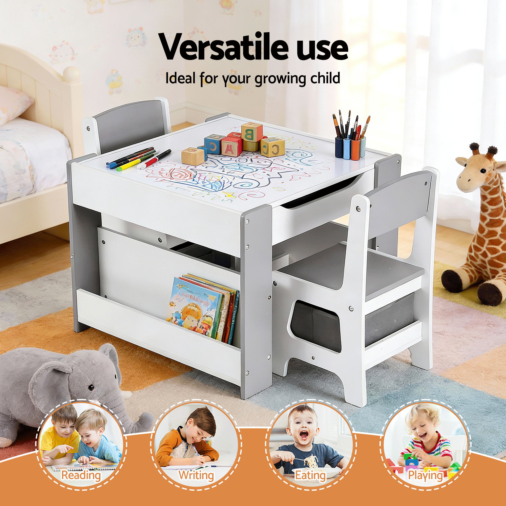 Keezi Kids Table and Chair Set, 4 in 1 Wooden Activity Table with Bookcase, Storage Box and Detachable Blackboard, Toddler Table and 2 Chairs Set, Grey