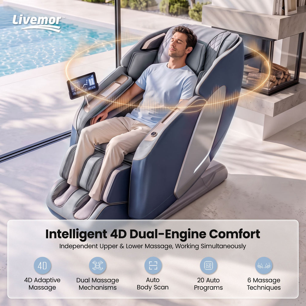 Livemor 4D Massage Chair Double Core SL Track Recliner Full Body Zero Gravity Heat Body Scan Melisa