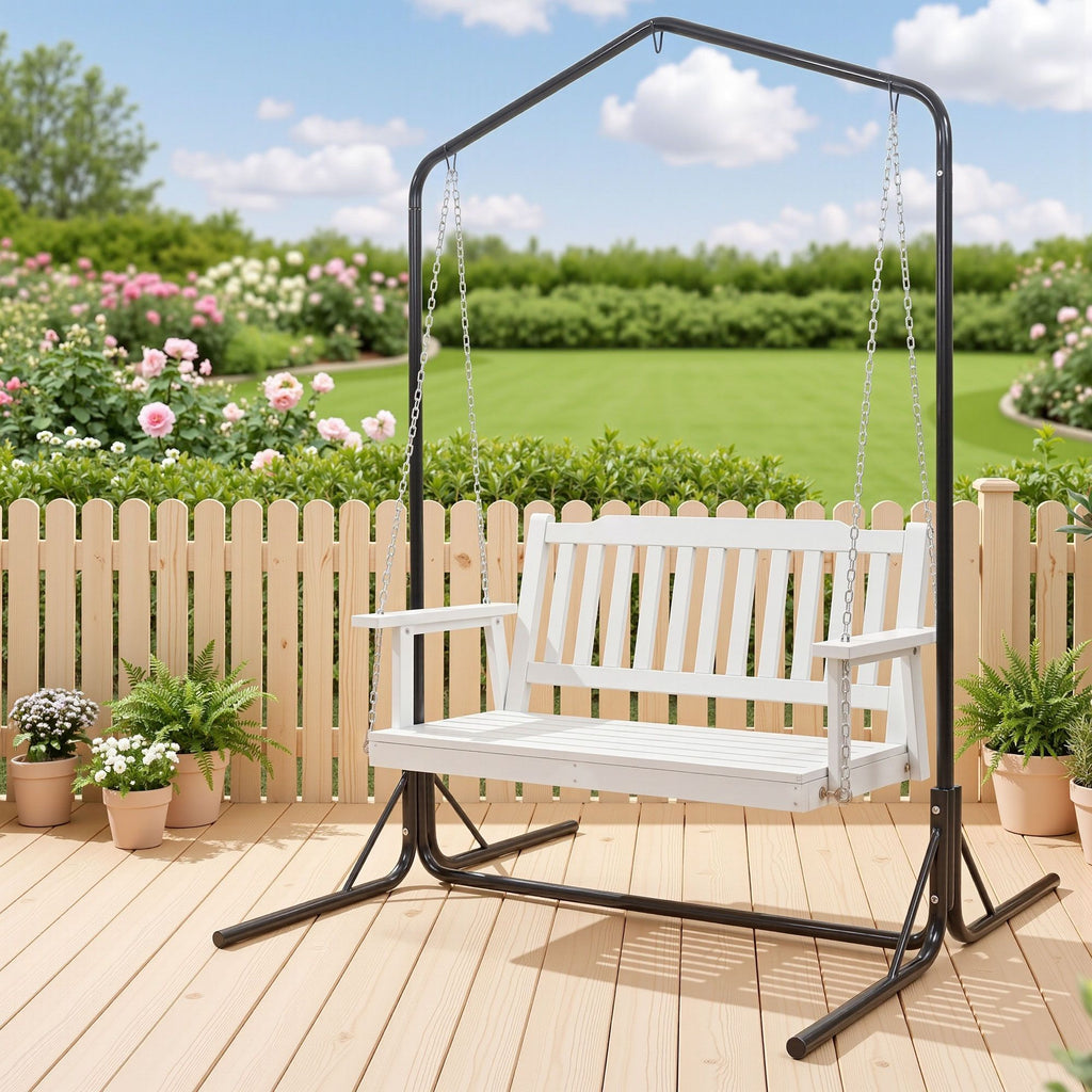 Gardeon Wooden 2-Seater Outdoor Swing Chair with Black Stand White Hanging Chair