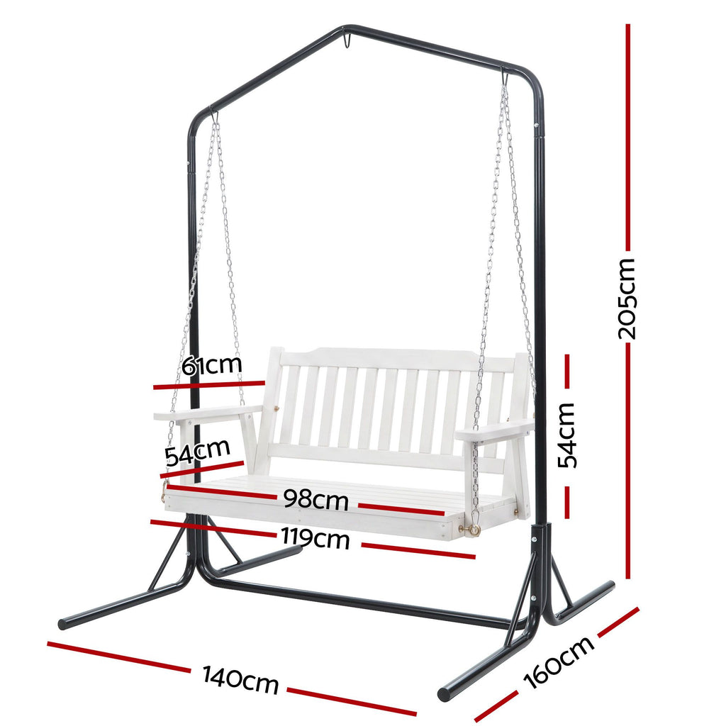 Gardeon Wooden 2-Seater Outdoor Swing Chair with Black Stand White Hanging Chair