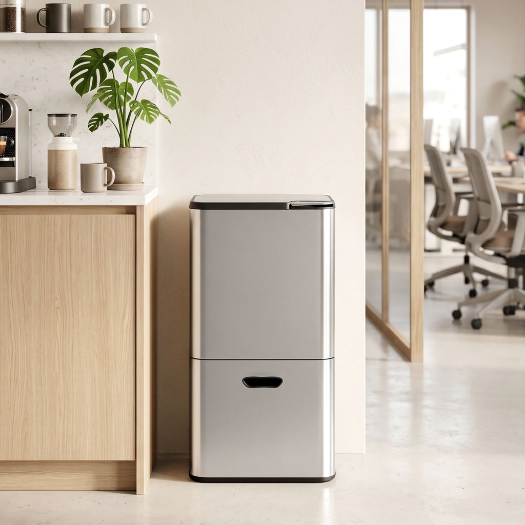 Cefito 63L Rubbish Bin 3 Compartment Stainless Steel Split Door Trash Can Silver