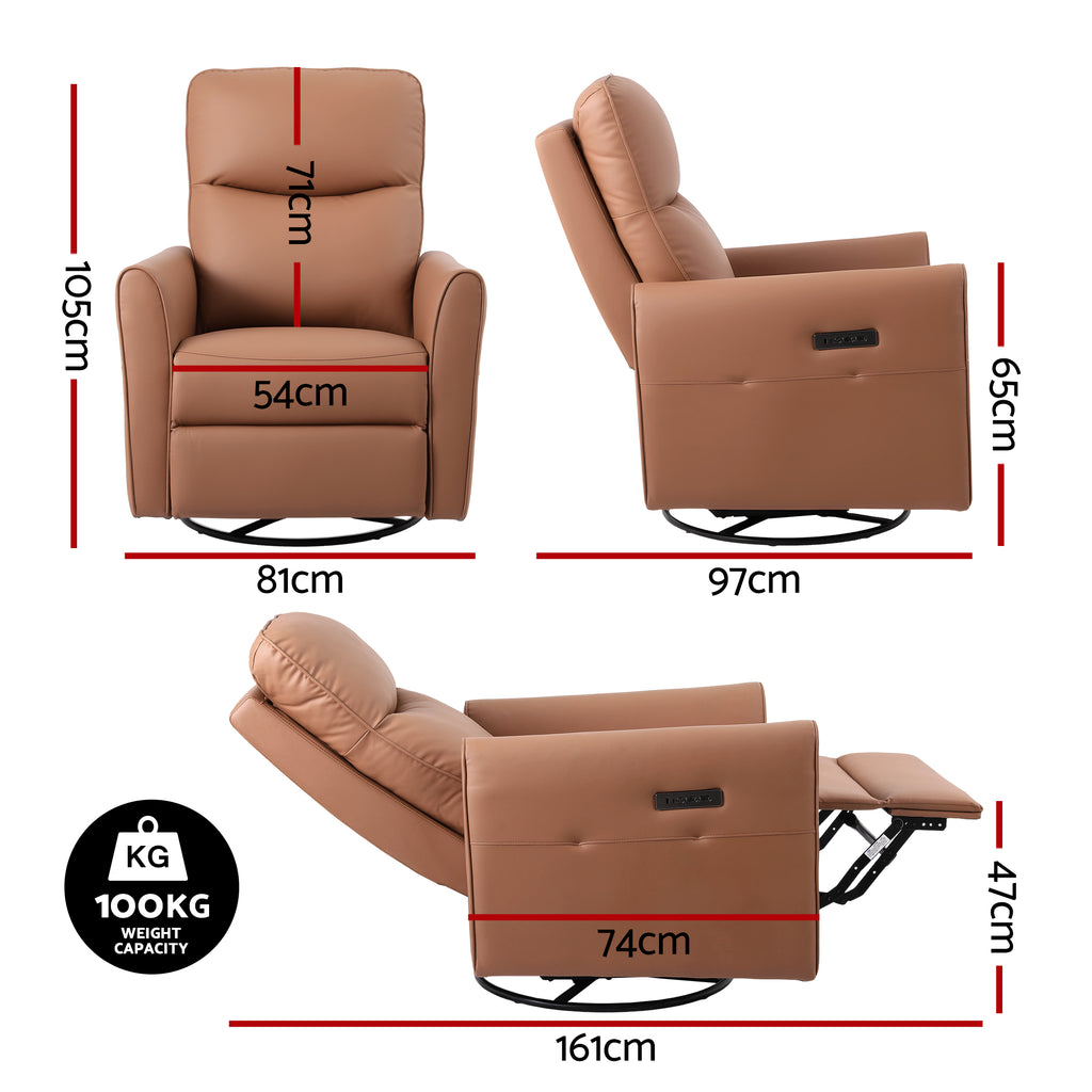 Artiss Swivel Recliner Chair PU Leather Rocking Reclining Sofa with Charging Ports LED Brown