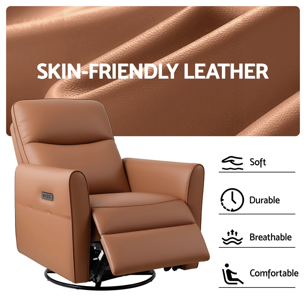 Artiss Swivel Recliner Chair PU Leather Rocking Reclining Sofa with Charging Ports LED Brown