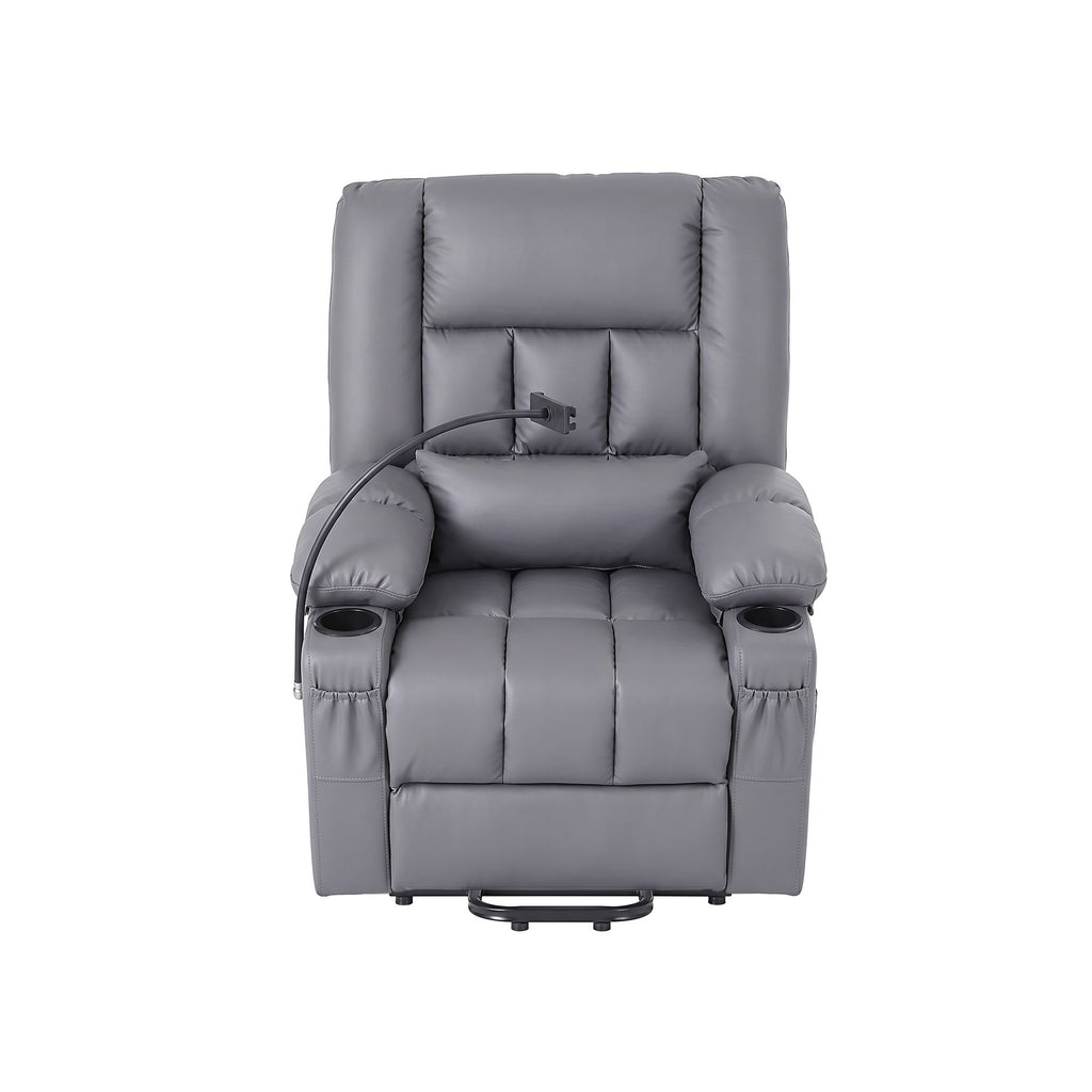 Artiss Power Lift Recliner Chair with Massage and Heat for Elderly, Electric Sofa Reclining Chair with USB and Phone Holder, PU Leather Comfy Armchair for Living Room, 2 Cup Holder & 4 Pockets, Grey