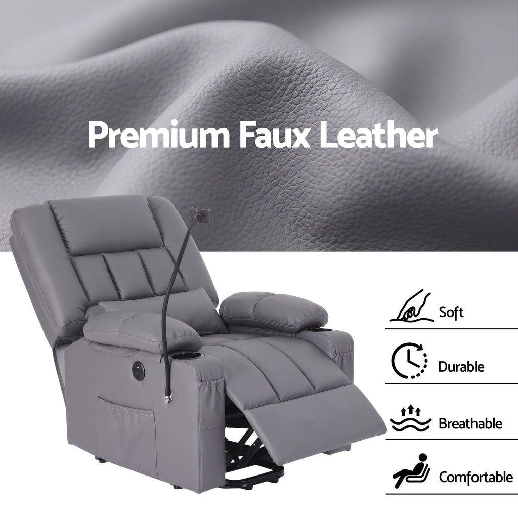 Artiss Power Lift Recliner Chair with Massage and Heat for Elderly, Electric Sofa Reclining Chair with USB and Phone Holder, PU Leather Comfy Armchair for Living Room, 2 Cup Holder & 4 Pockets, Grey