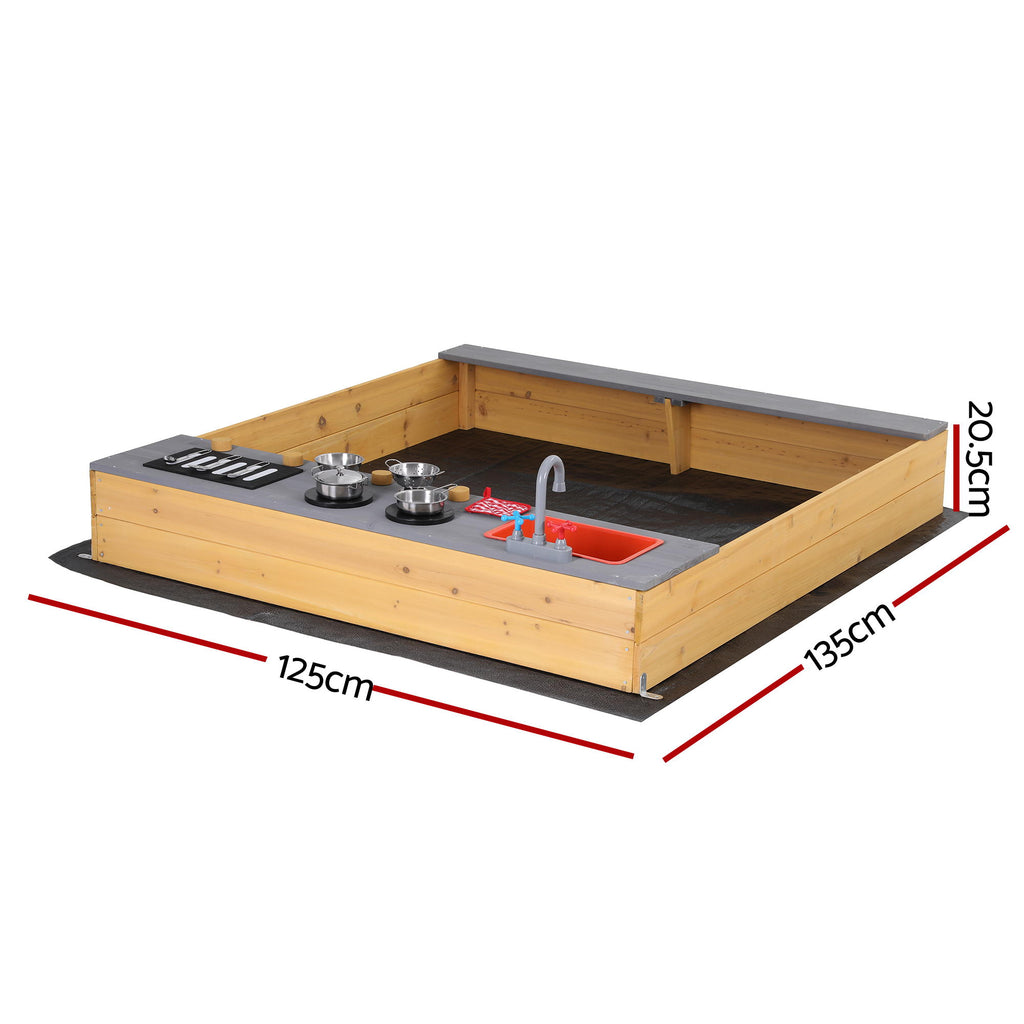 Keezi Wooden Sandpit Sand Pit Outdoor Kids Toy Box Mud Kitchen Sink Storage Bench