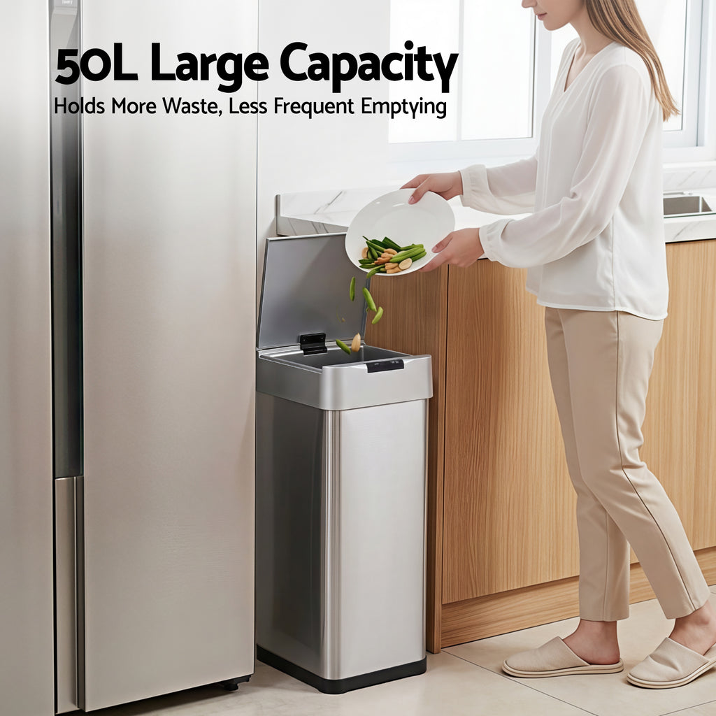 Devanti 50L Motion Sensor Bin Rubbish Bins Kitchen Automatic Trash Can Silver