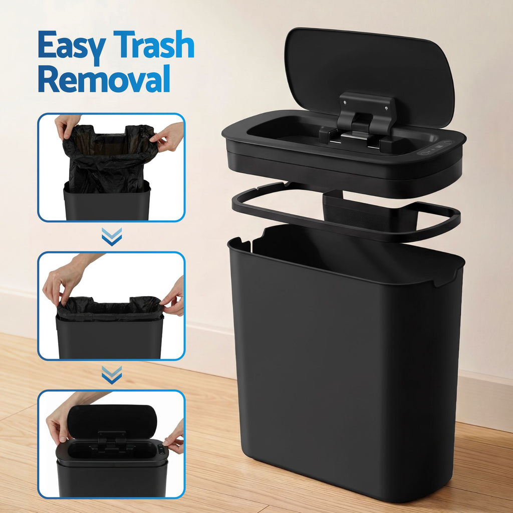 Devanti Automatic Trash Bin 2PCS with Lid 11L Motion Sensor Kitchen Bin Touchless Garbage Can Modern Black Plastic Slim Rubbish Bin with Liner Holder for Kitchen, Home, Office