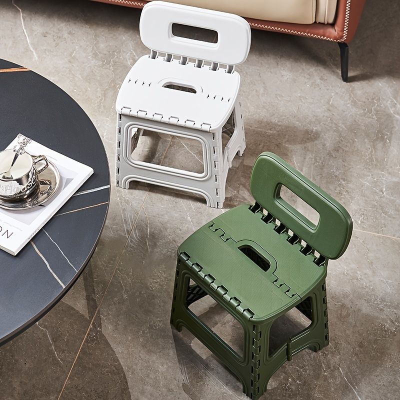 Green folding plastic stool, stool with backrest, portable stool, durable stool, comfortable seating, extra seating, step stool, camping stool, Australian home, space-saving furniture