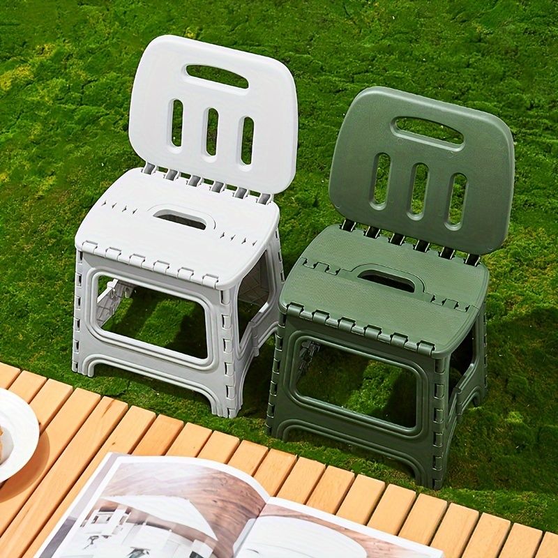Green folding plastic stool, stool with backrest, portable stool, durable stool, comfortable seating, extra seating, step stool, camping stool, Australian home, space-saving furniture