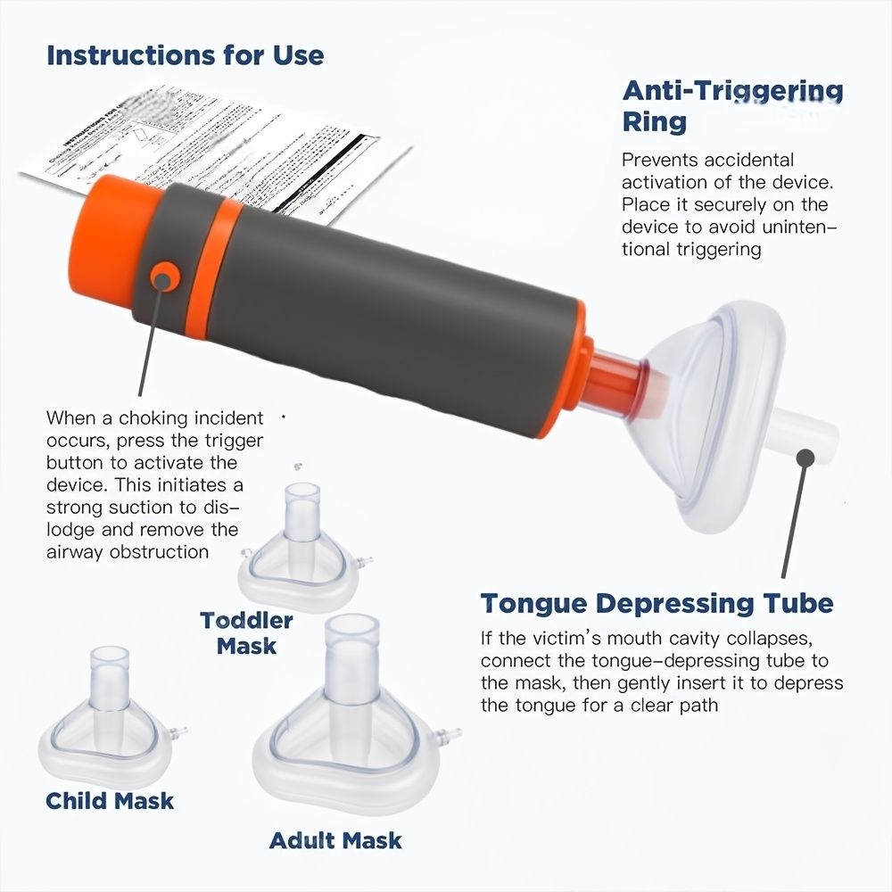 anti-choking device, Heimlich instrument, negative pressure suction, airway clearance, choking emergency, reusable emergency kit, Australian home safety, compact suction device
