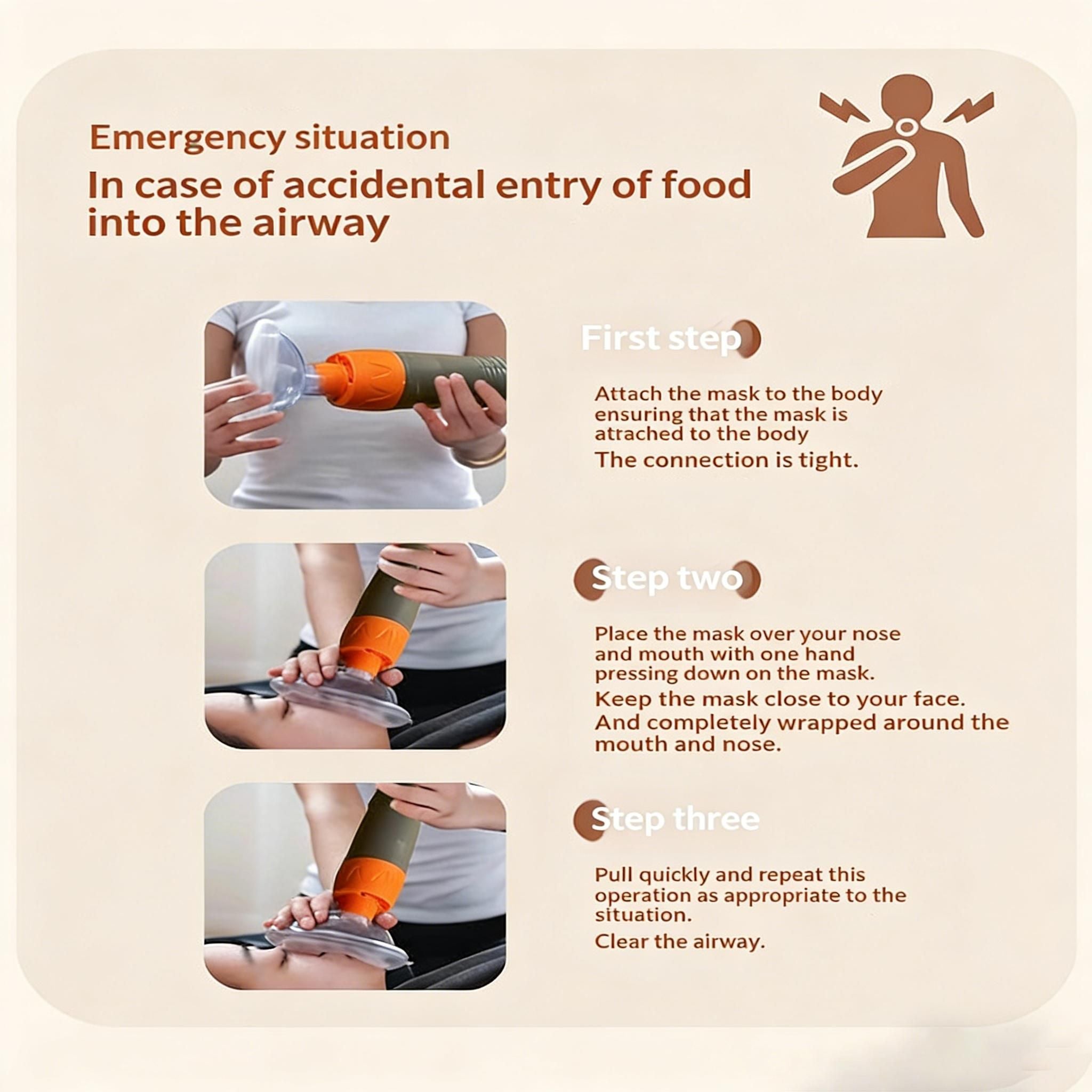 anti-choking device, Heimlich instrument, negative pressure suction, airway clearance, choking emergency, reusable emergency kit, Australian home safety, compact suction device