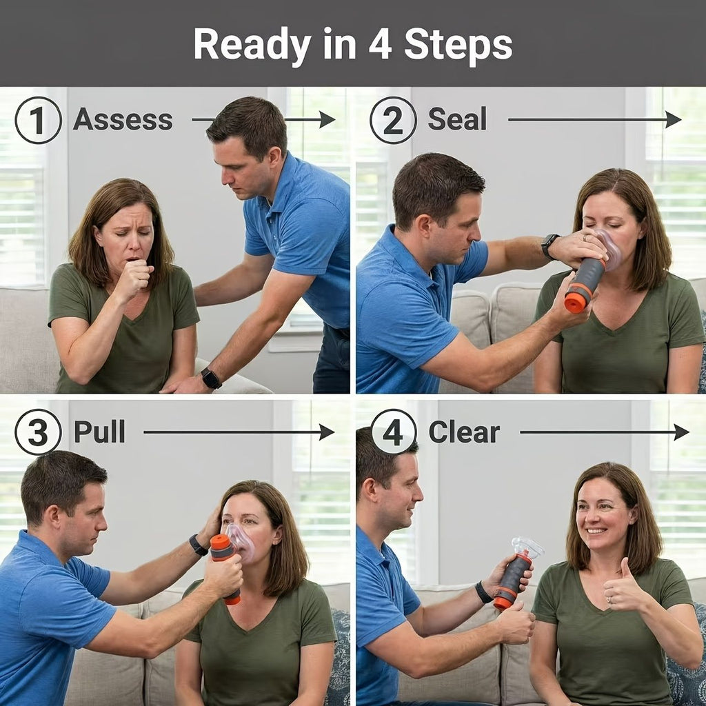 anti-choking device, Heimlich instrument, negative pressure suction, airway clearance, choking emergency, reusable emergency kit, Australian home safety, compact suction device