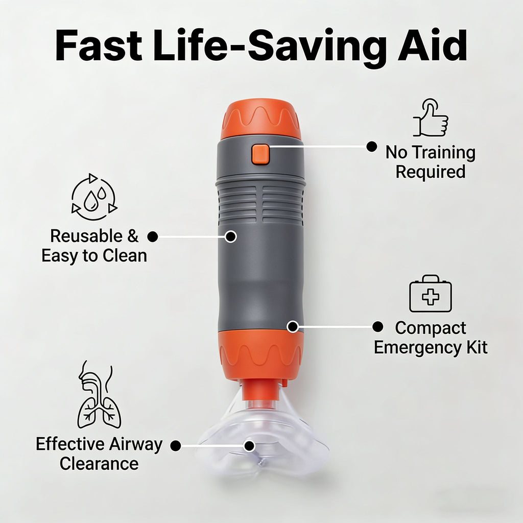anti-choking device, Heimlich instrument, negative pressure suction, airway clearance, choking emergency, reusable emergency kit, Australian home safety, compact suction device