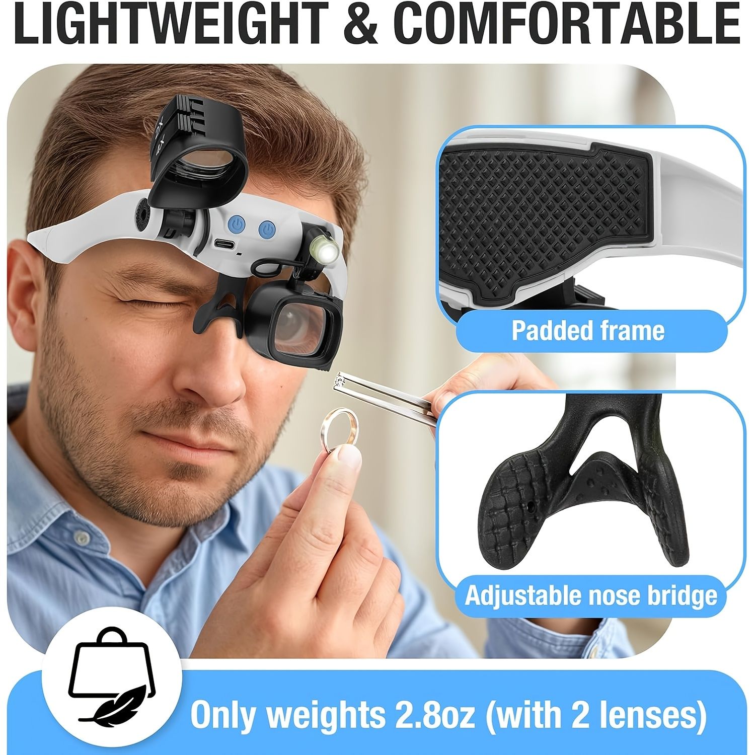 Black binocular magnifying glasses, LED lights, hands-free magnifier, adjustable magnification, high-powered magnifier, Australia