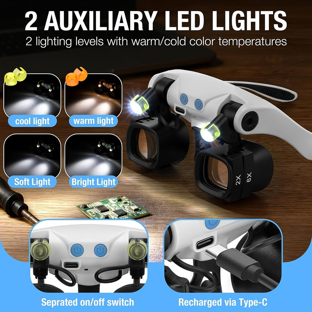 Black binocular magnifying glasses, LED lights, hands-free magnifier, adjustable magnification, high-powered magnifier, Australia