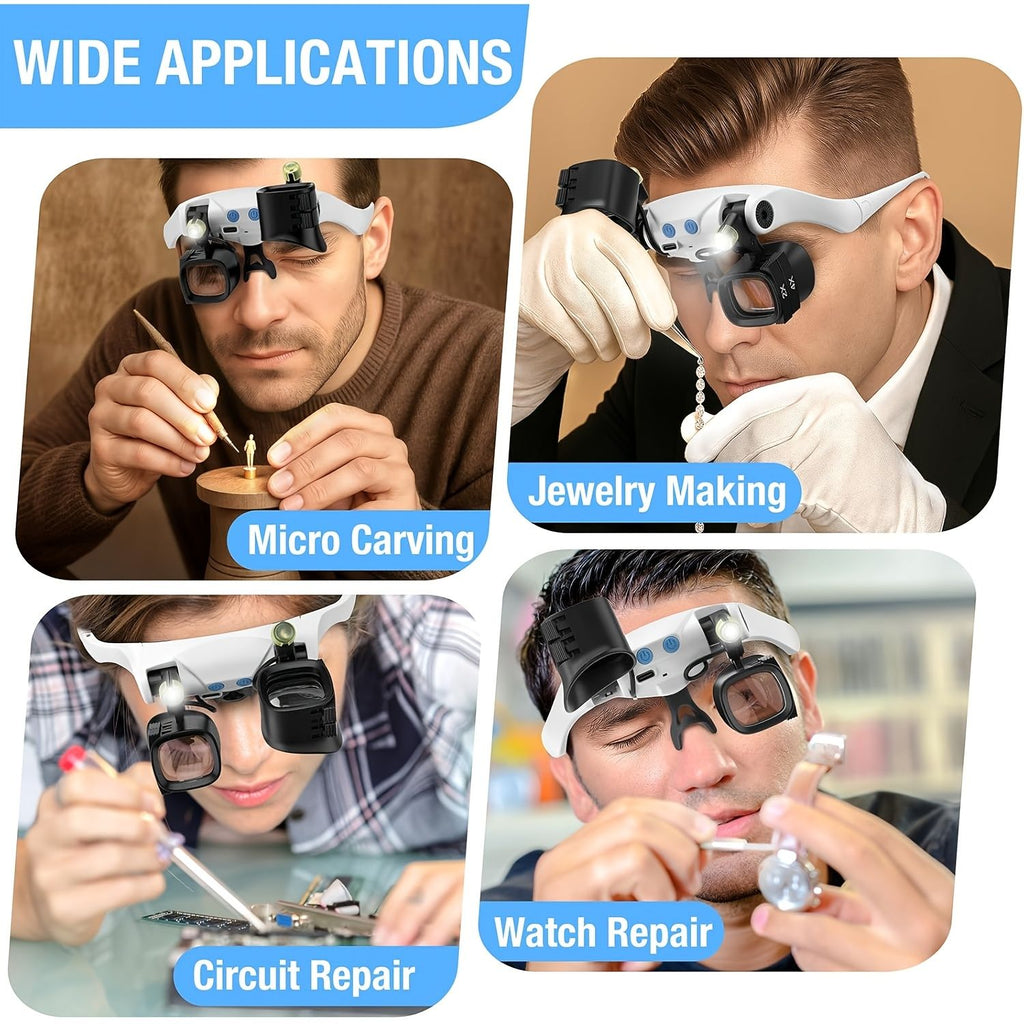 Black binocular magnifying glasses, LED lights, hands-free magnifier, adjustable magnification, high-powered magnifier, Australia