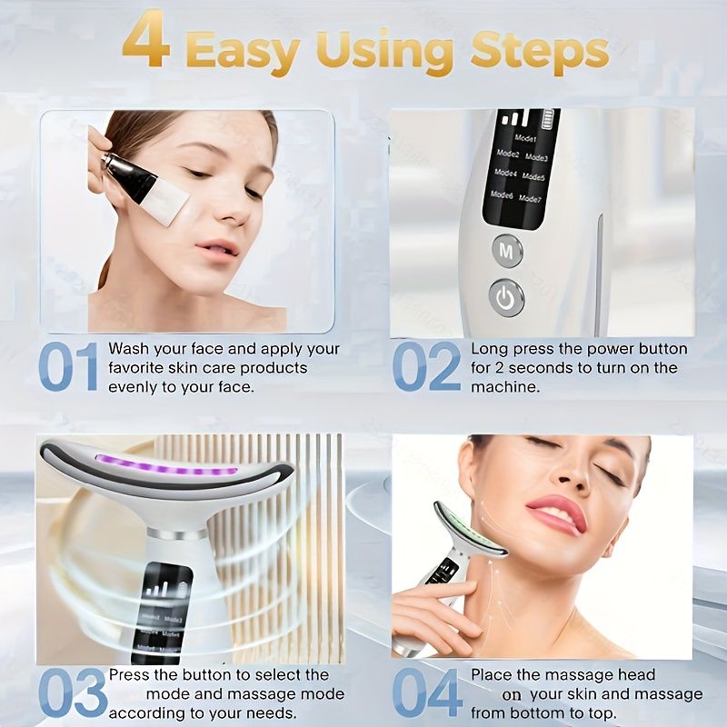 Rechargeable facial and neck skincare device, 7 modes, USB charging, vibration heating massage, ergonomic design, suitable for home use - ideal gift for women, daily skincare assistant, digital display function, skincare tool, must-have for beauty enthusi