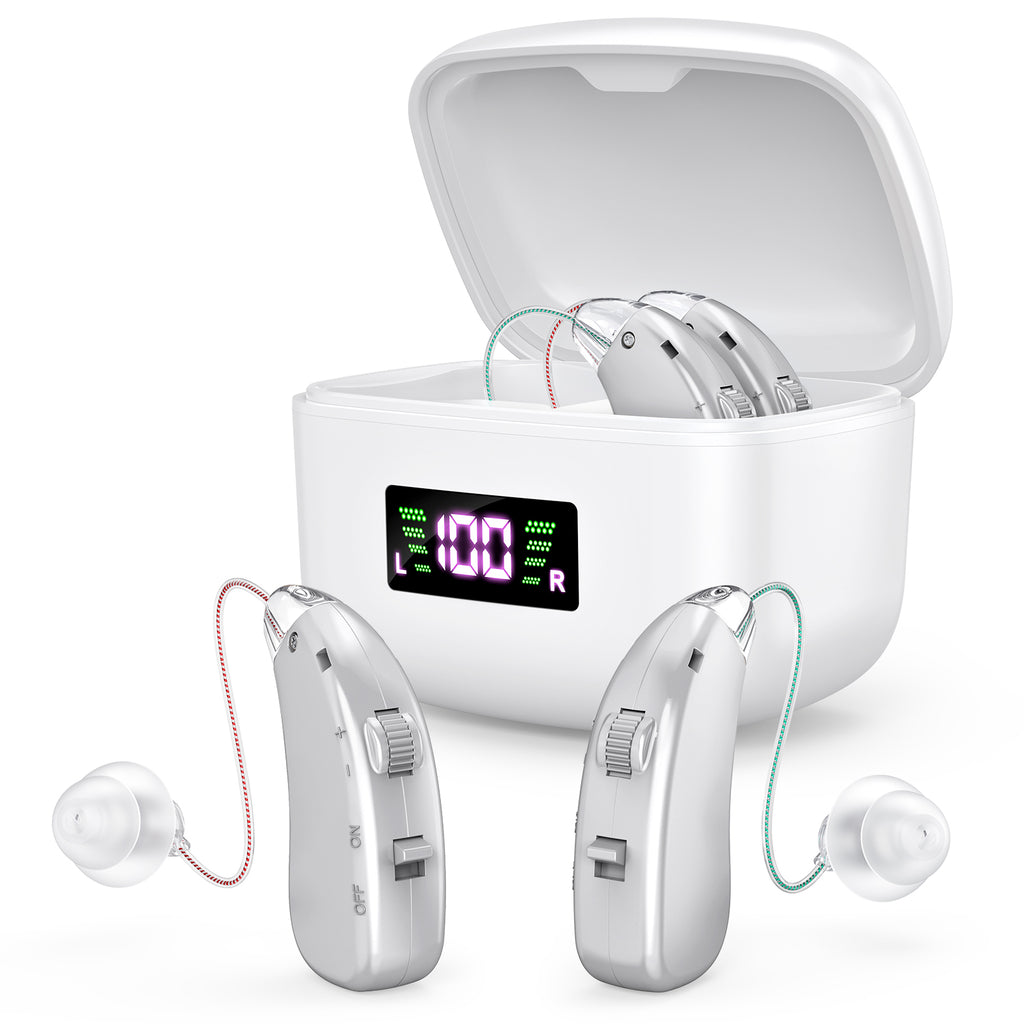 Rechargeable Behind-the-Ear Hearing Aids with Charging Case & LCD Display – Compact Sound Amplifier for Adults and Seniors (White Case, Silver Device)