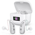 Rechargeable Behind-the-Ear Hearing Aids with Charging Case & LCD Display – Compact Sound Amplifier for Adults and Seniors (White Case, Silver Device)