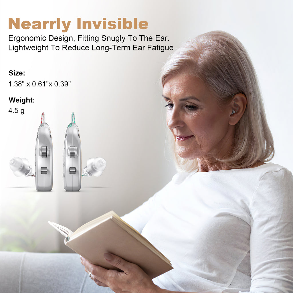 Rechargeable Behind-the-Ear Hearing Aids with Charging Case & LCD Display – Compact Sound Amplifier for Adults and Seniors (White Case, Silver Device)