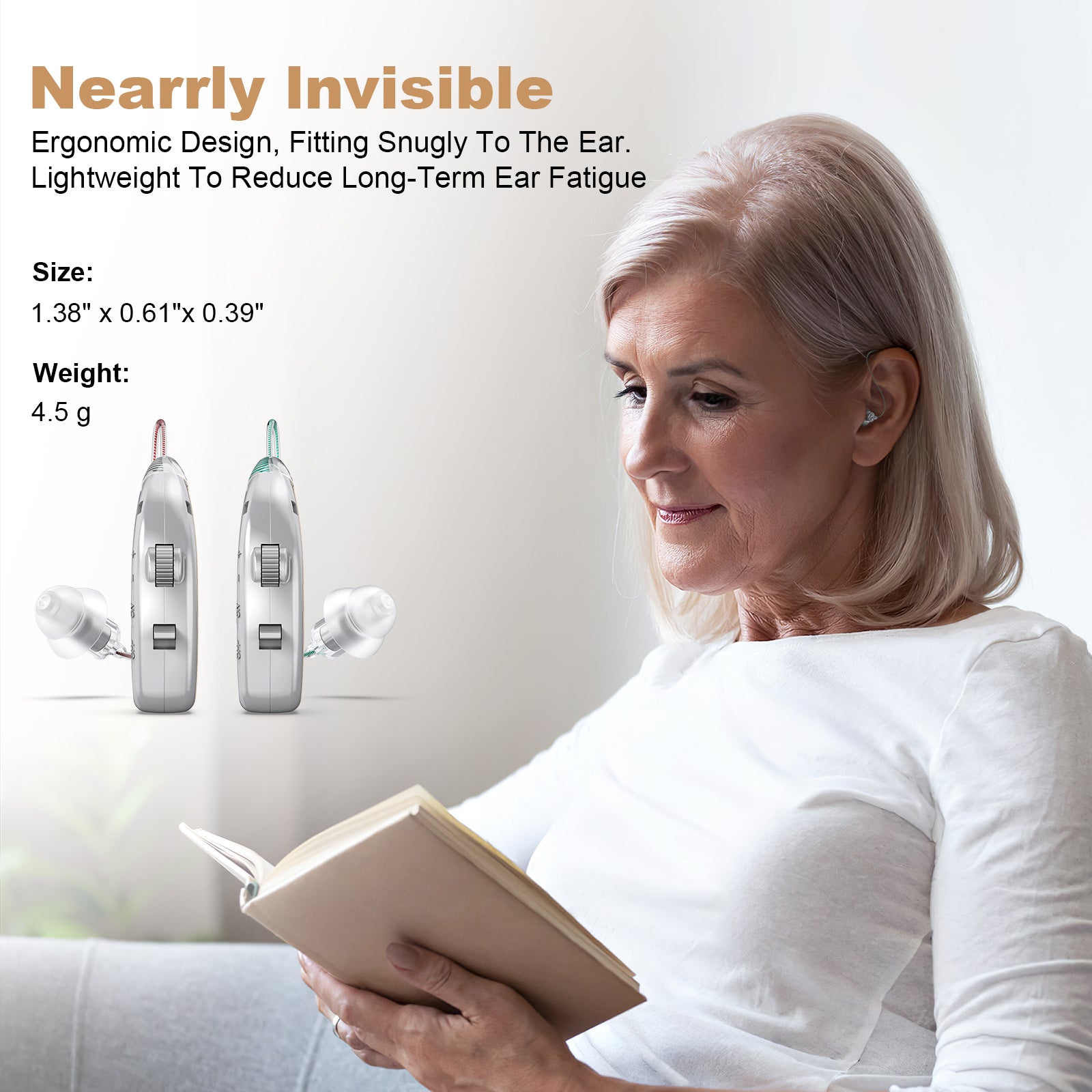 Rechargeable Behind-the-Ear Hearing Aids with Charging Case & LCD Display – Compact Sound Amplifier for Adults and Seniors (White Case, Silver Device)