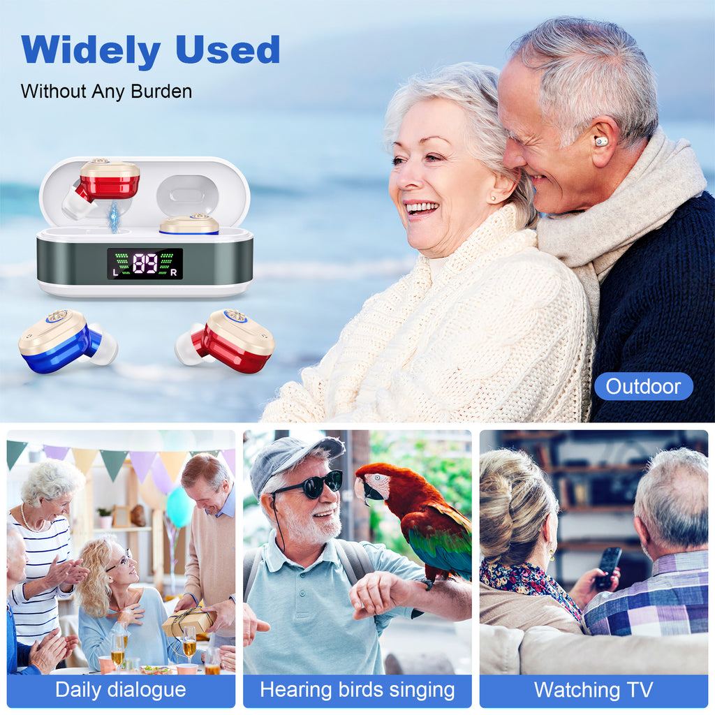 Rechargeable In-the-Ear Hearing Aids with Charging Case and LCD Display – Ultra-Compact Sound Amplifier for Seniors (White & Green Case, Red & Blue Device)