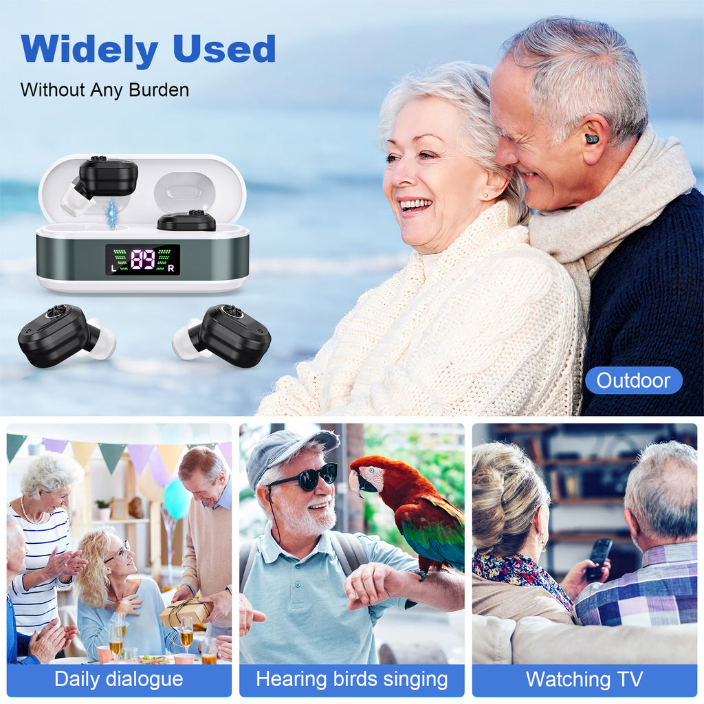 Rechargeable In-the-Ear Hearing Aids with Charging Case and LCD Display – Ultra-Compact Sound Amplifier for Seniors (White & Green Case, Black Device)