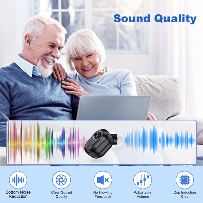 Rechargeable In-the-Ear Hearing Aids with Charging Case and LCD Display – Ultra-Compact Sound Amplifier for Seniors (White & Green Case, Black Device)