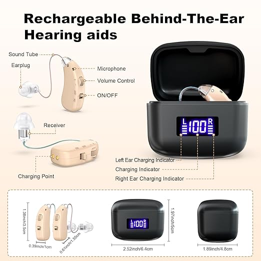 Rechargeable Behind-the-Ear Hearing Aids with Charging Case – Lightweight & Invisible Sound Amplifier for Seniors (Black Case, Skin Tone Device)