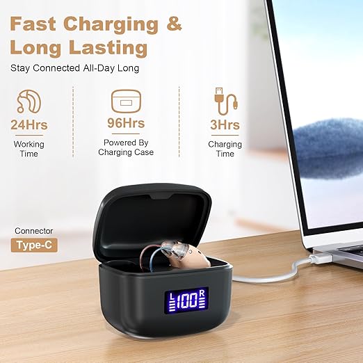 Rechargeable Behind-the-Ear Hearing Aids with Charging Case – Lightweight & Invisible Sound Amplifier for Seniors (Black Case, Skin Tone Device)