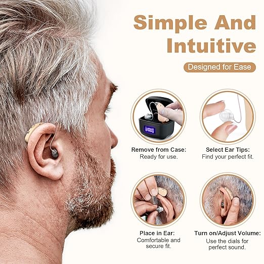 Rechargeable Behind-the-Ear Hearing Aids with Charging Case – Lightweight & Invisible Sound Amplifier for Seniors (Black Case, Skin Tone Device)