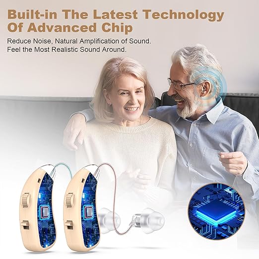 Rechargeable Behind-the-Ear Hearing Aids with Charging Case – Lightweight & Invisible Sound Amplifier for Seniors (Black Case, Skin Tone Device)