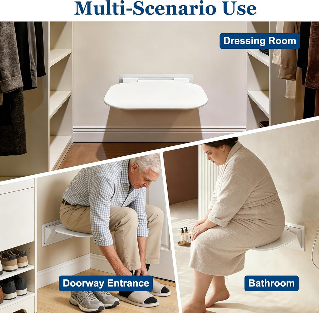 Wall Mounted Folding Shower Seat 440 lbs Load-Bearing – ABS Material Bathroom Stool with Stainless Steel Frame, Foldable 90° for Sauna, Hospital, Home Use (White)