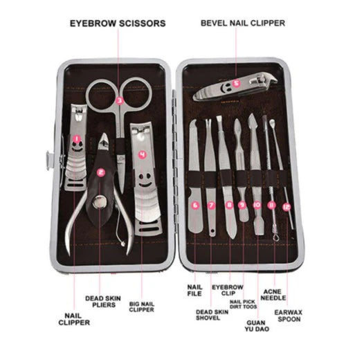 12-Piece Manicure Pedicure Kit, Professional Nail Clipper Grooming Set, White Plaid Case