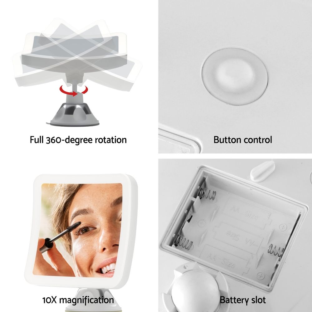 10X Magnifying Makeup Mirror with LED Light, Rotating Cordless Suction Cup Mirror
