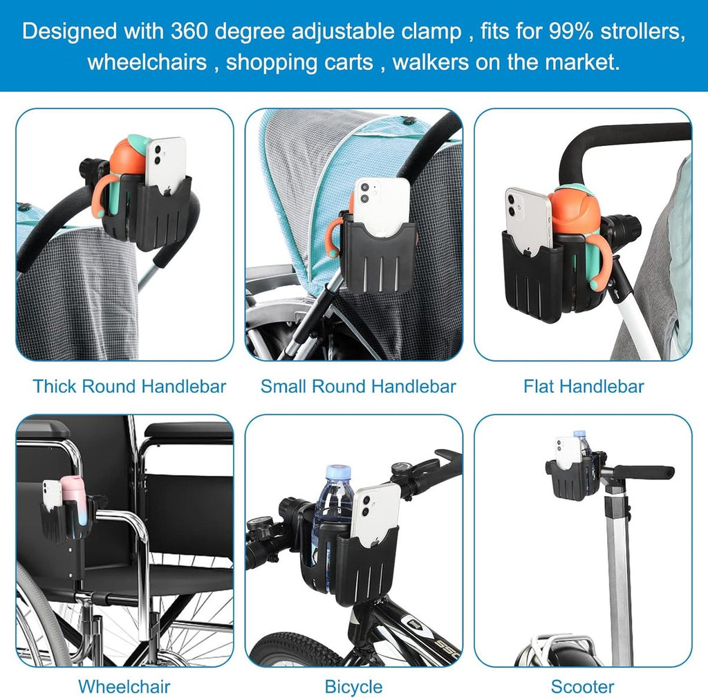 Stroller cup holder - Bicycle cup holder - Universal cup holder - 2-in-1 cup holder and phone holder - Suitable for strollers, bicycles, walkers, and wheelchairs