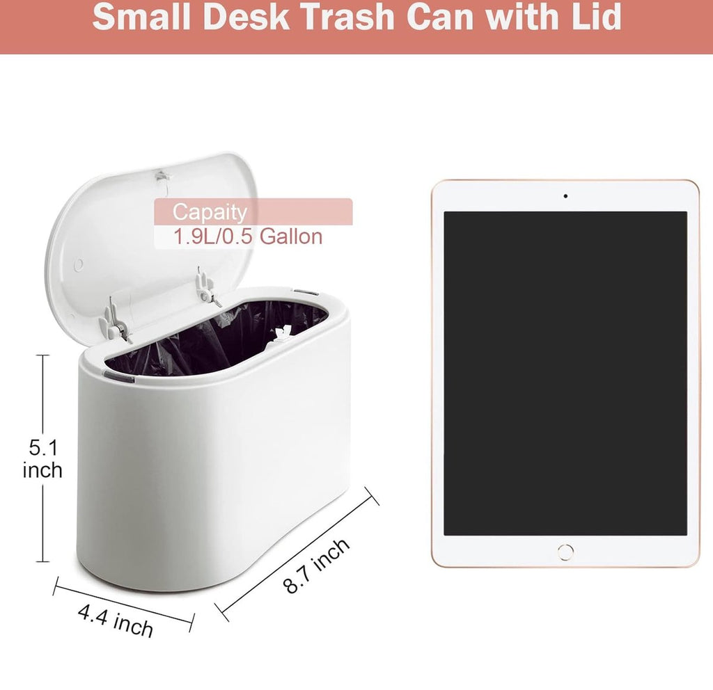 Trash Can - Small Trash Can with Sensor - Sturdy - Countertop Waste Bin - Mini Trash Can - Desktop - Tabletop Waste Bin - Plastic Trash Can - Bathroom Waste Bin - Recycling Waste Bin - Car Trash Can - White - Office Waste Bins - Home / Office