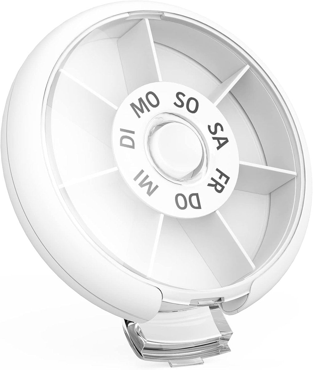 7-Day Pill Box - Portable Small Tablet Dispenser - Round Medicine Box - Practical Pill Box - Easy-to-Forget Weekly Box - For All Types of People, Elderly People, Young People, Children - White
