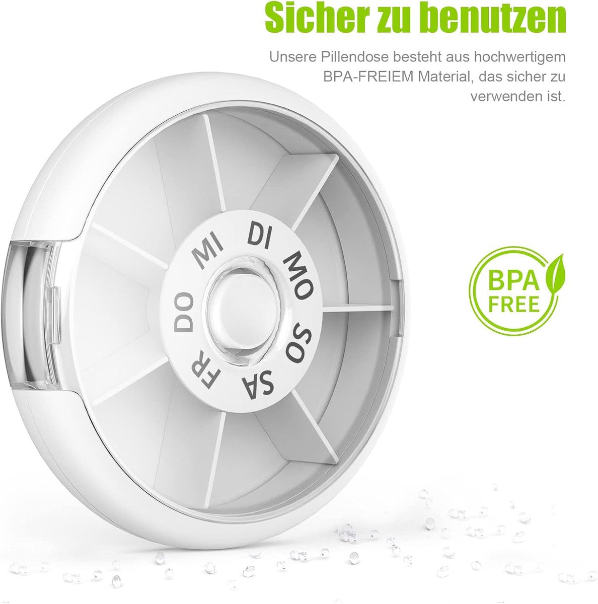 7-Day Pill Box - Portable Small Tablet Dispenser - Round Medicine Box - Practical Pill Box - Easy-to-Forget Weekly Box - For All Types of People, Elderly People, Young People, Children - White