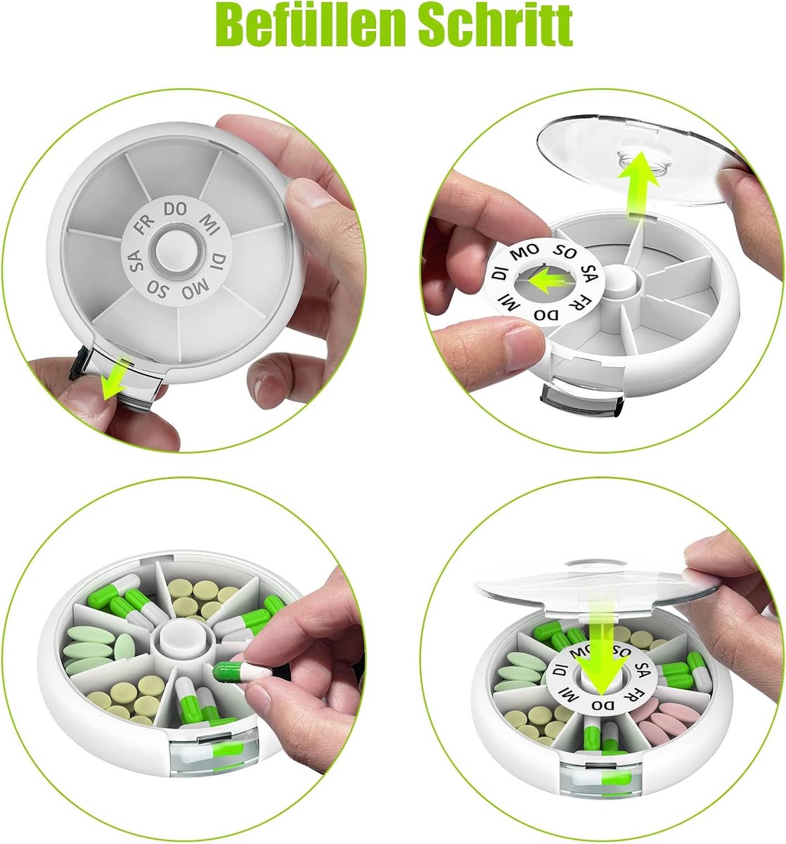 7-Day Pill Box - Portable Small Tablet Dispenser - Round Medicine Box - Practical Pill Box - Easy-to-Forget Weekly Box - For All Types of People, Elderly People, Young People, Children - White